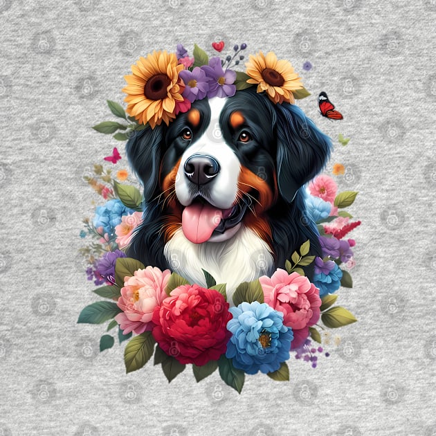 A Bernese Mountain Dog with beautiful colorful flowers by CreativeSparkzz